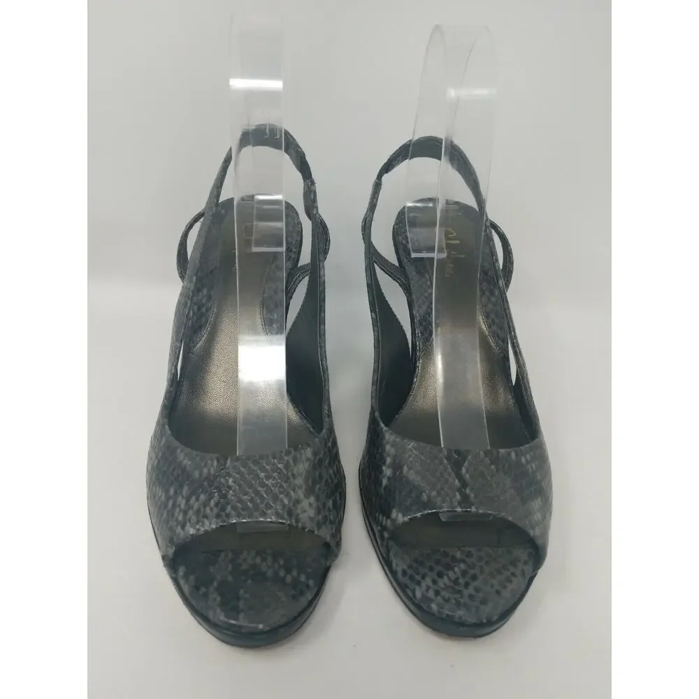 Cole Haan Women US 9.5 B Gray Snake Skin Slingback Wedge Peep Open Toe Shoe